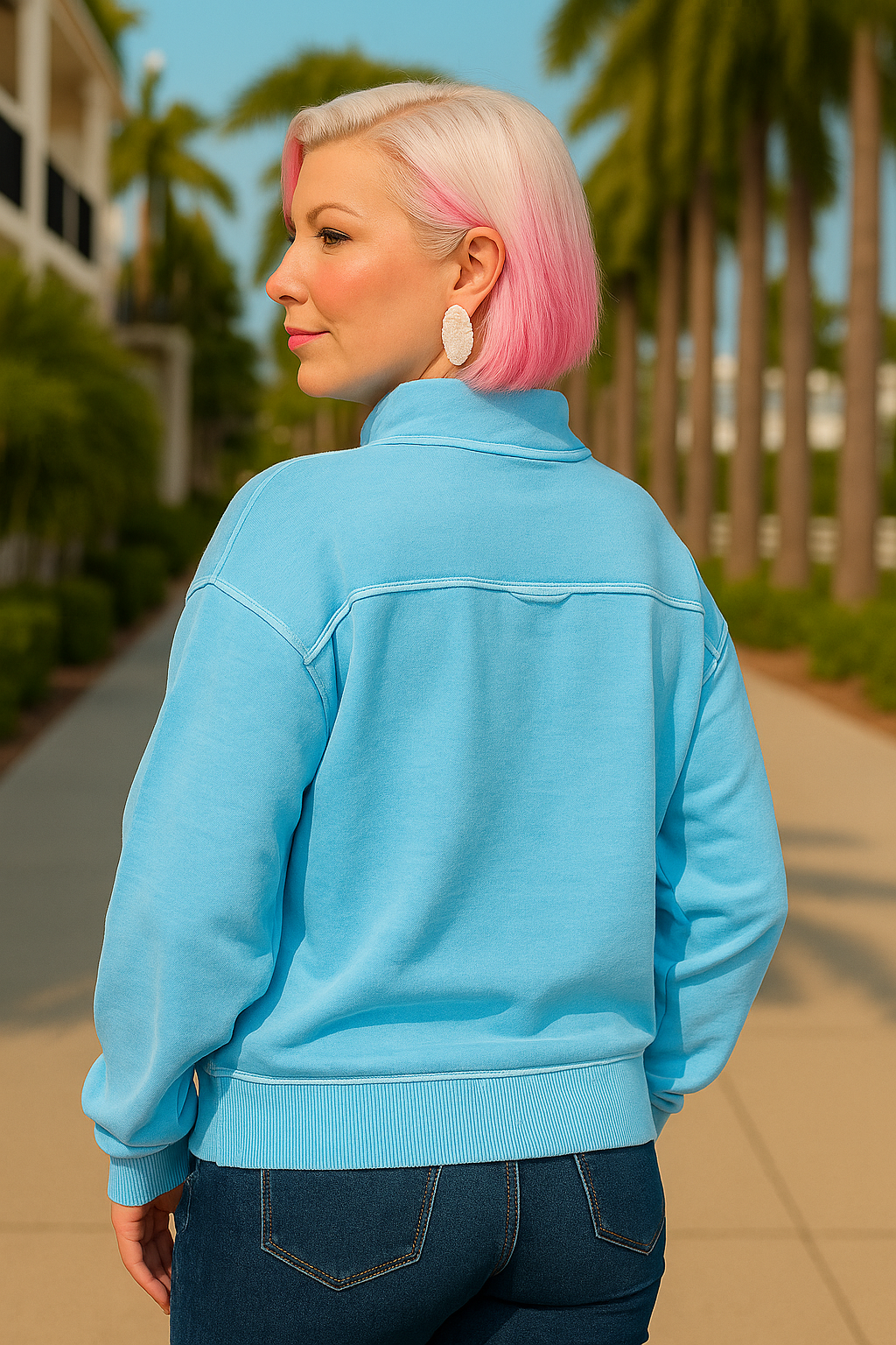 Zenana Deep Sky Pigment Dye & Enzyme Washing Half Zip Top