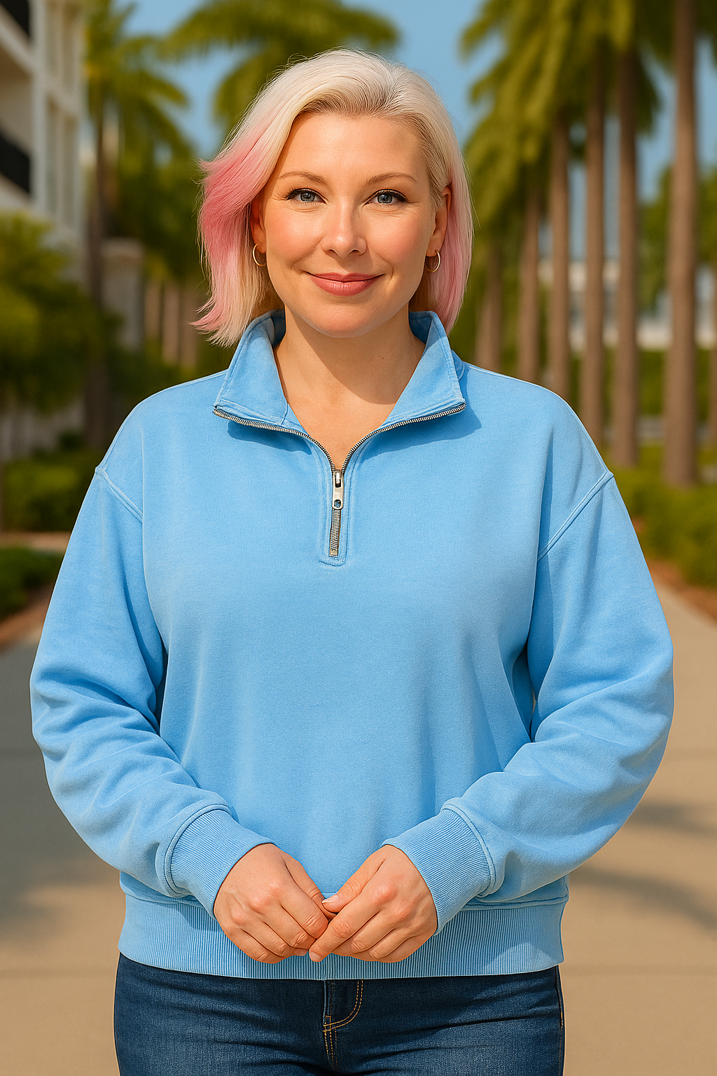 Zenana Deep Sky Pigment Dye & Enzyme Washing Half Zip Top DEEP SKY