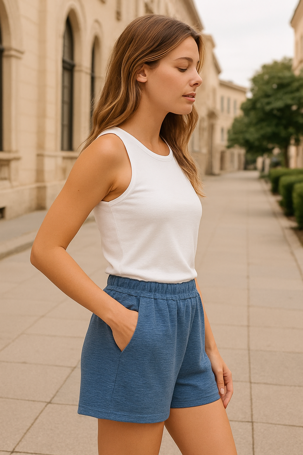 Zenana Dusty Blue Cotton Slub Shorts