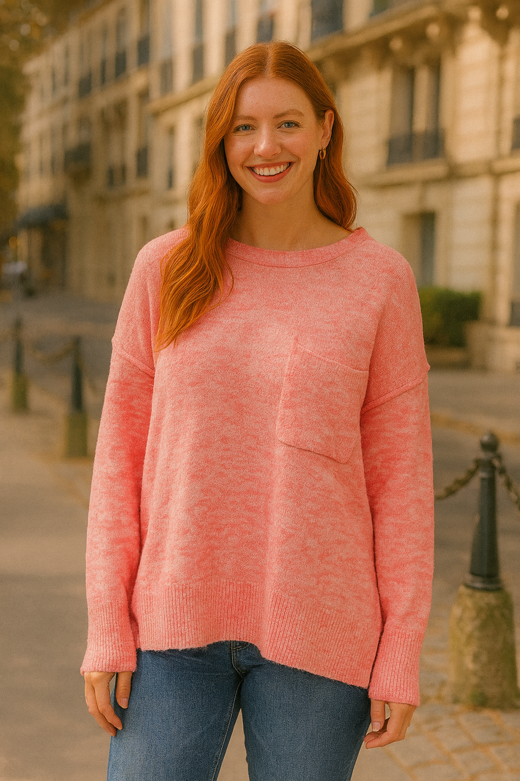 Zenana Heather Dark Pink Melange Hi-low Hem Round Neck Sweater with Front Pocket