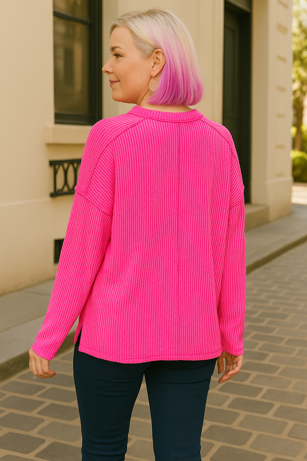 Zenana Hot Pink Exposed Seam Long Sleeve Corded Rib Knit Top