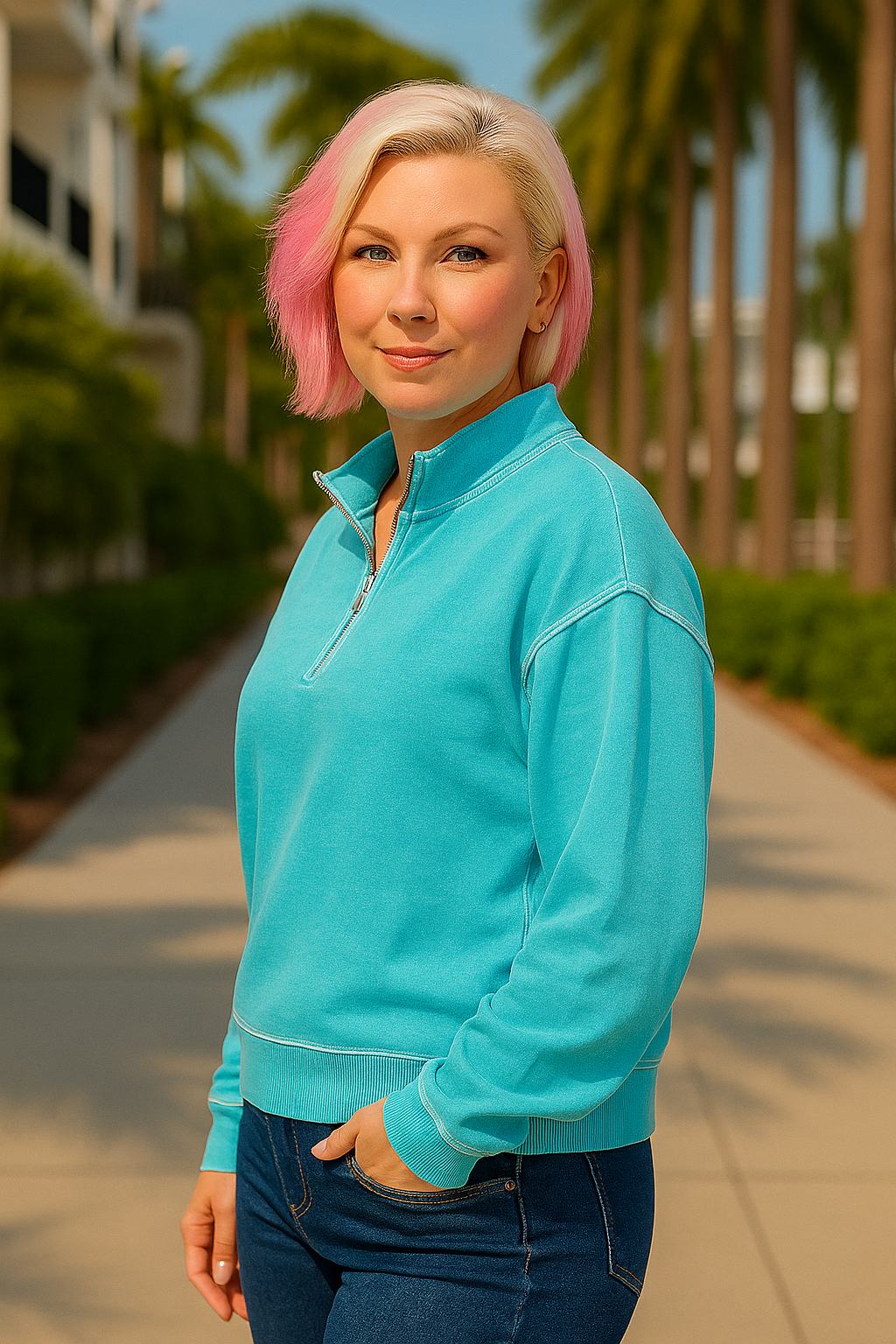 Zenana Ice Blue French Terry Pigment & Enzyme Washing Half Zip Top
