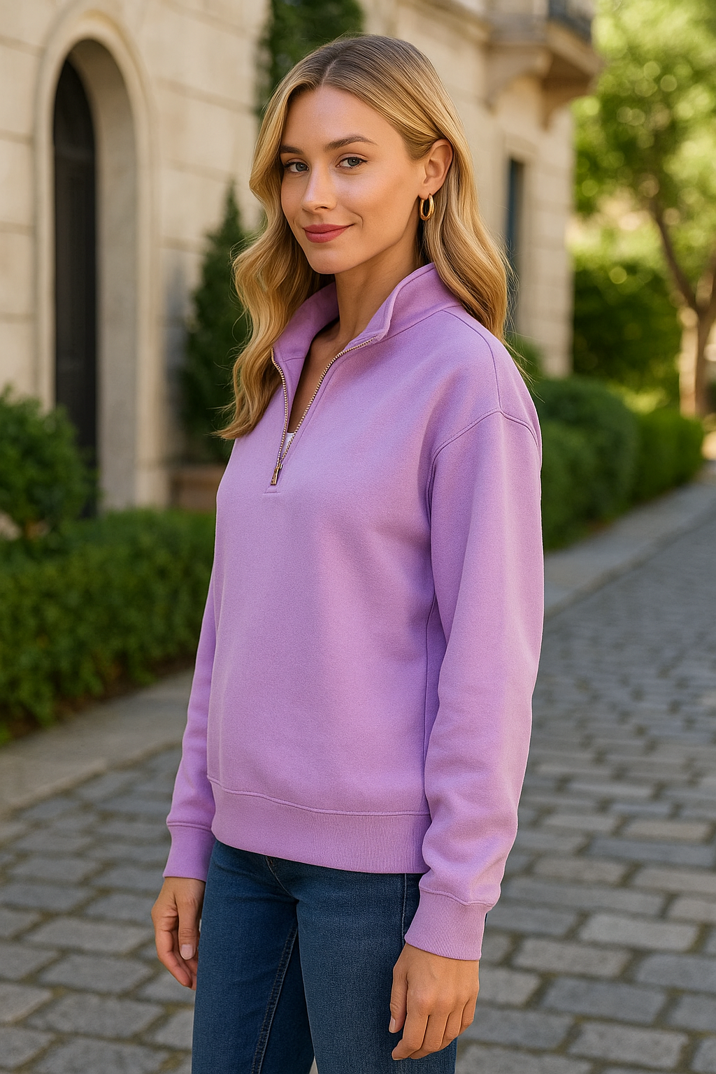 Zenana Lavender Fleece Half Zip Sweatshirt