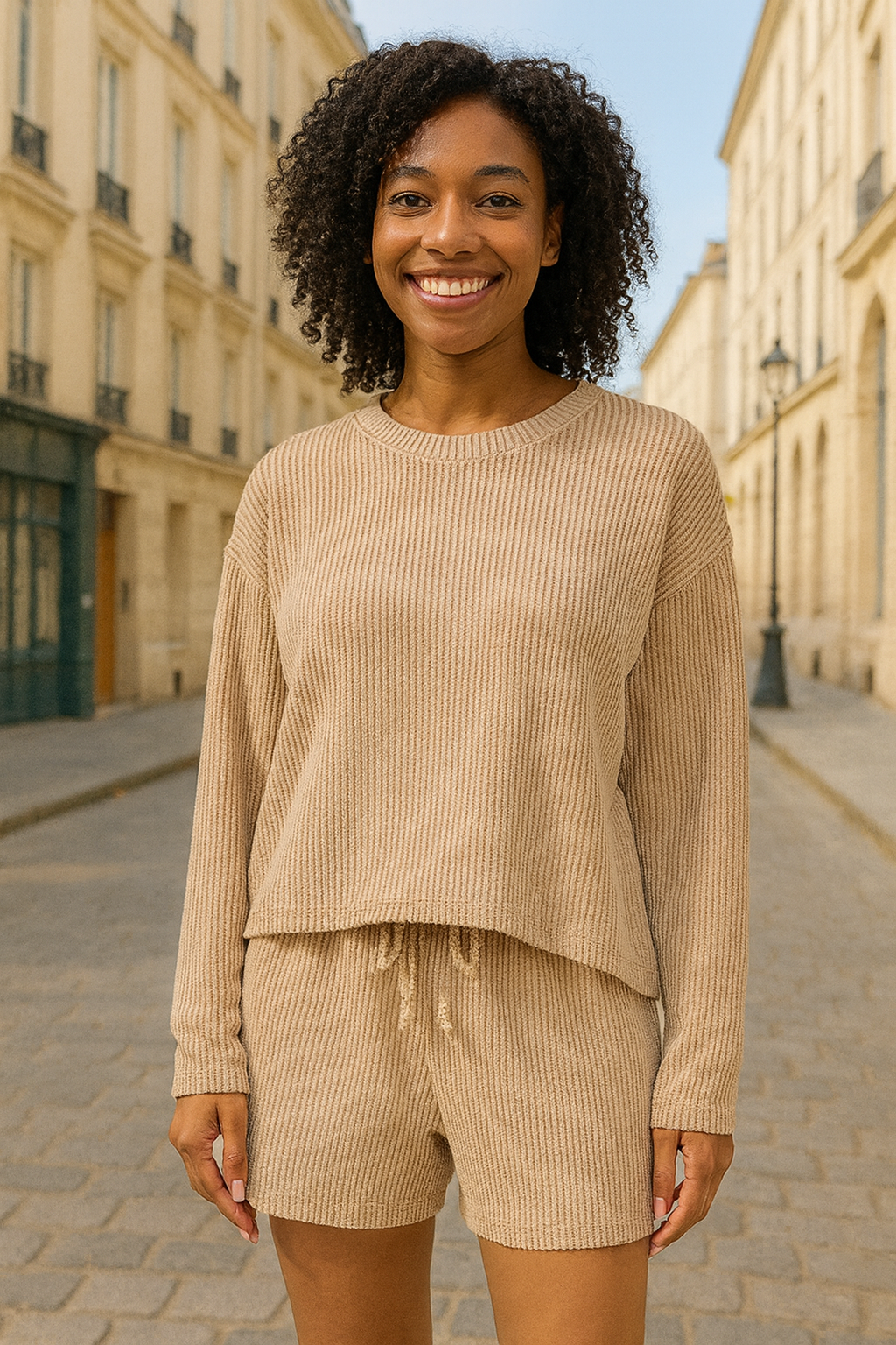 Zenana Light Mocha Corded Rib Long Sleeve Tee and Shorts Set LT MOCHA