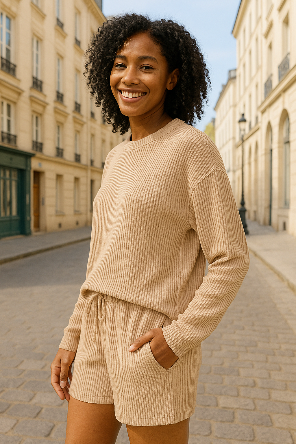 Zenana Light Mocha Corded Rib Long Sleeve Tee and Shorts Set