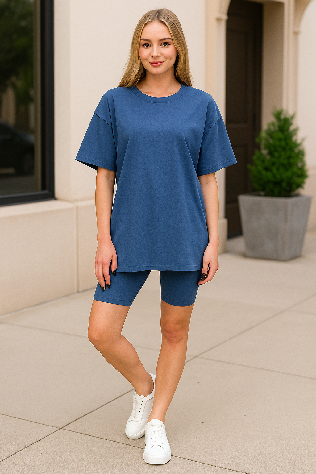 Zenana Light Navy Cotton Round Neck Top & Biker Shorts LT NAVY