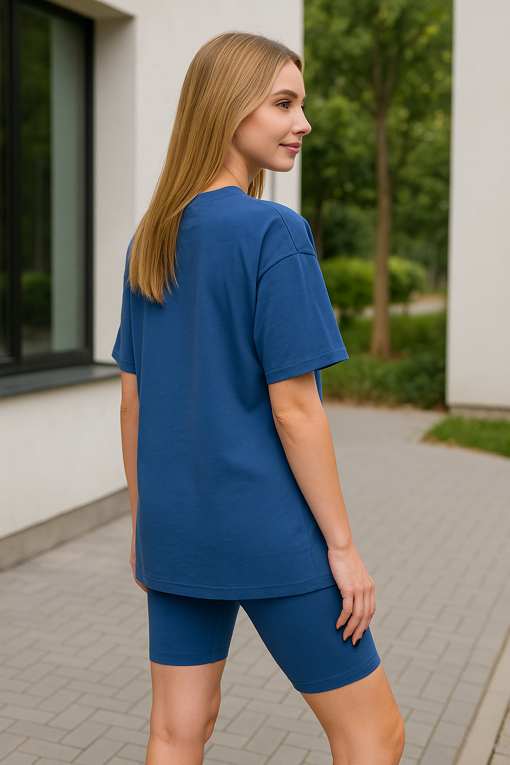 Zenana Light Navy Cotton Round Neck Top & Biker Shorts