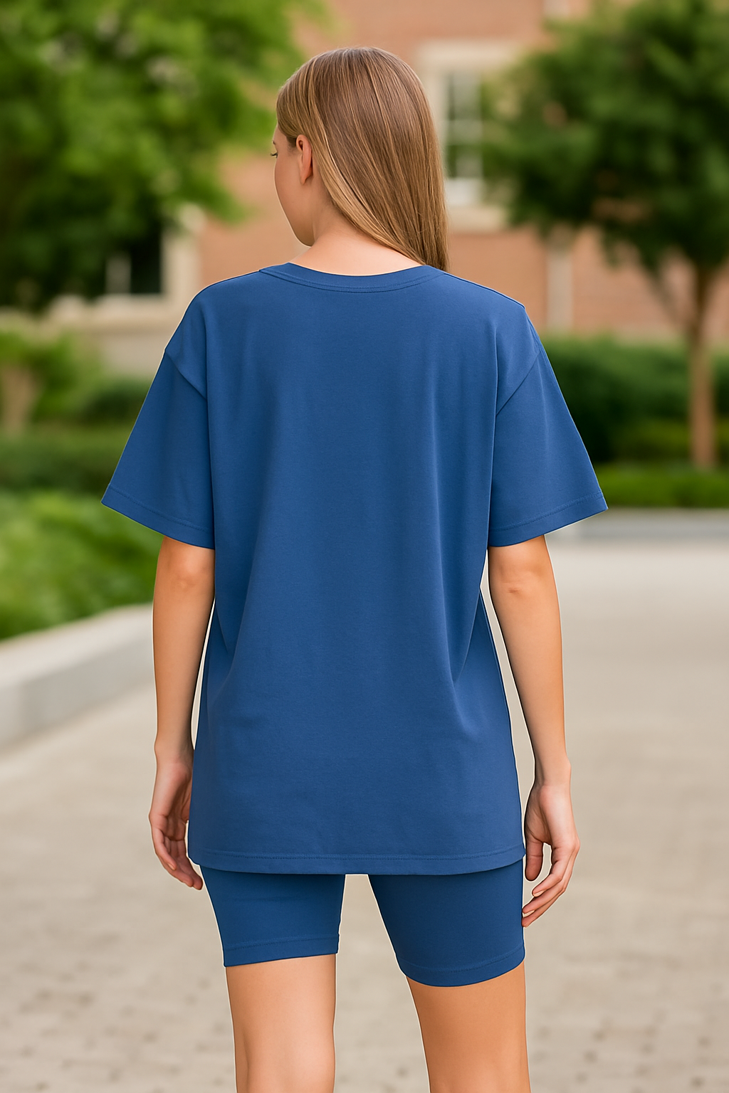 Zenana Light Navy Cotton Round Neck Top & Biker Shorts