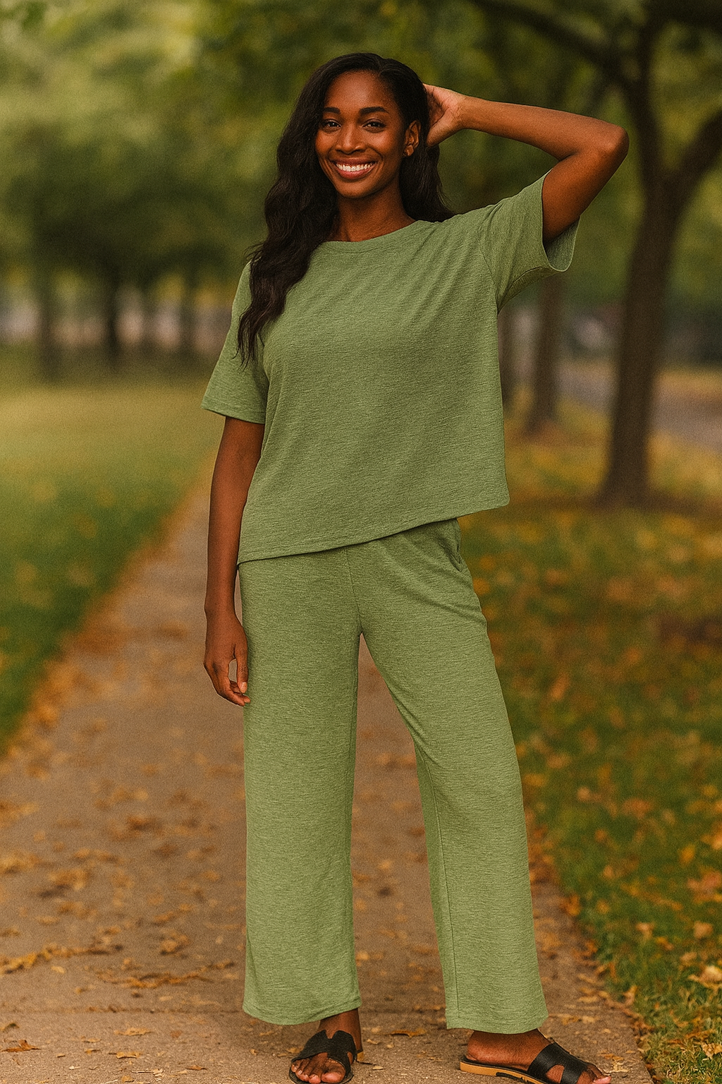 Zenana Light Olive Slub Short Sleeve T-Shirt and Pants Set