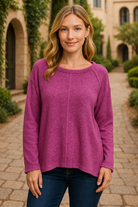 Zenana Light Plum Brushed Hacci Exposed Seam Hi Low Sweater
