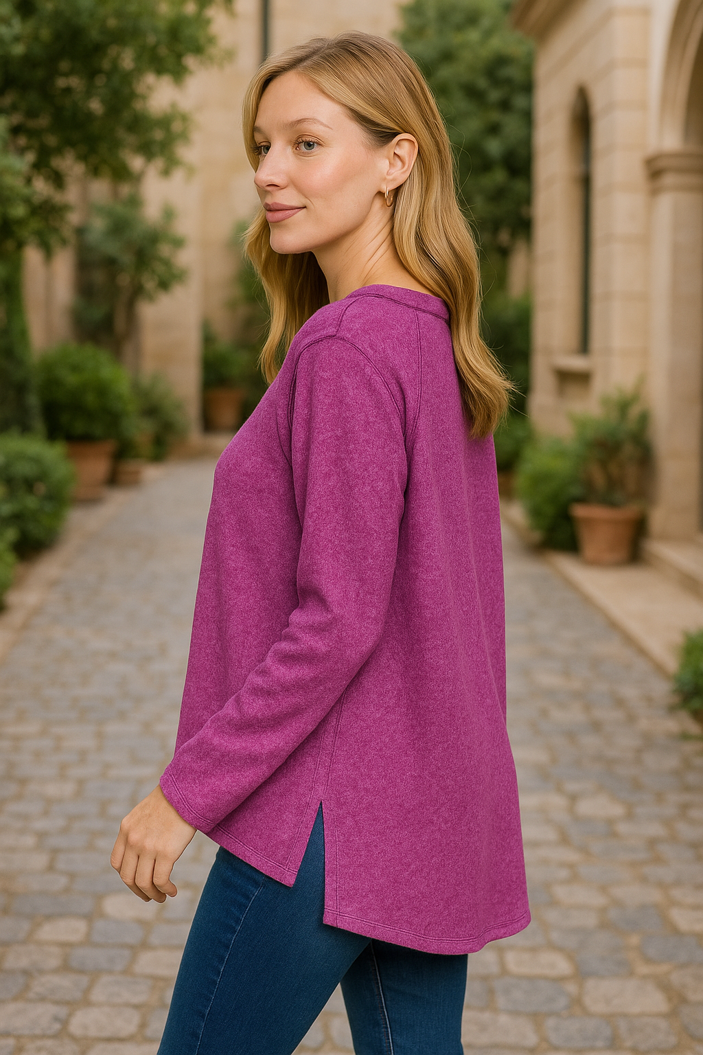 Zenana Light Plum Brushed Hacci Exposed Seam Hi Low Sweater LT PLUM
