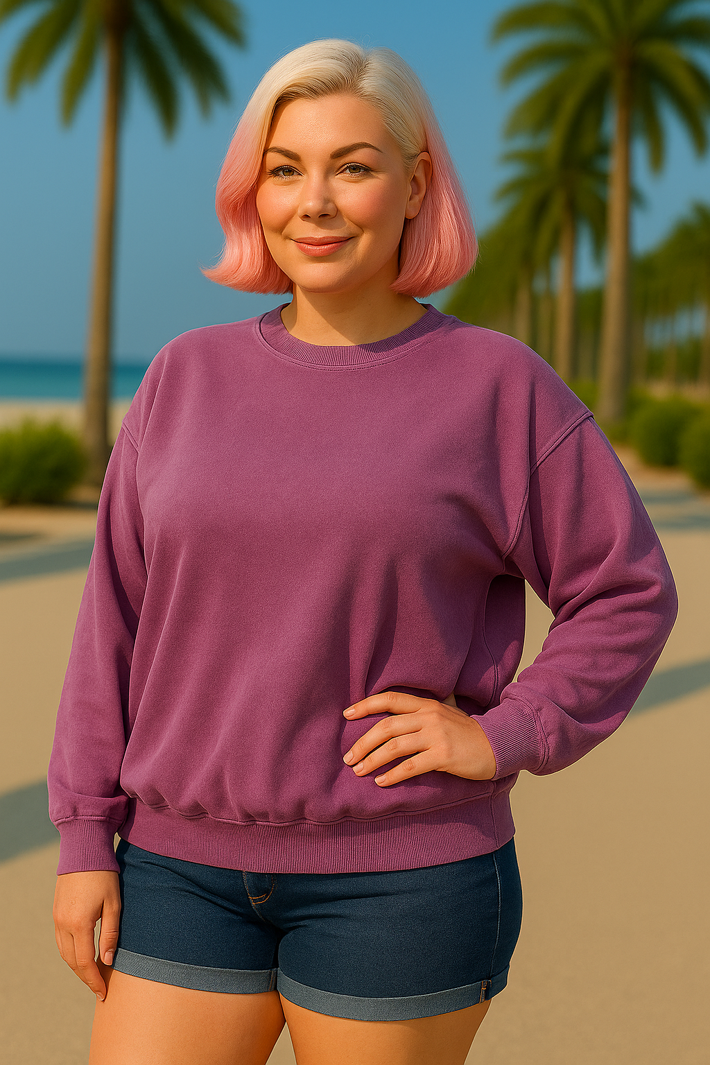 Zenana Light Plum French Terry Pigment Dye Round-neck Sweatshirt