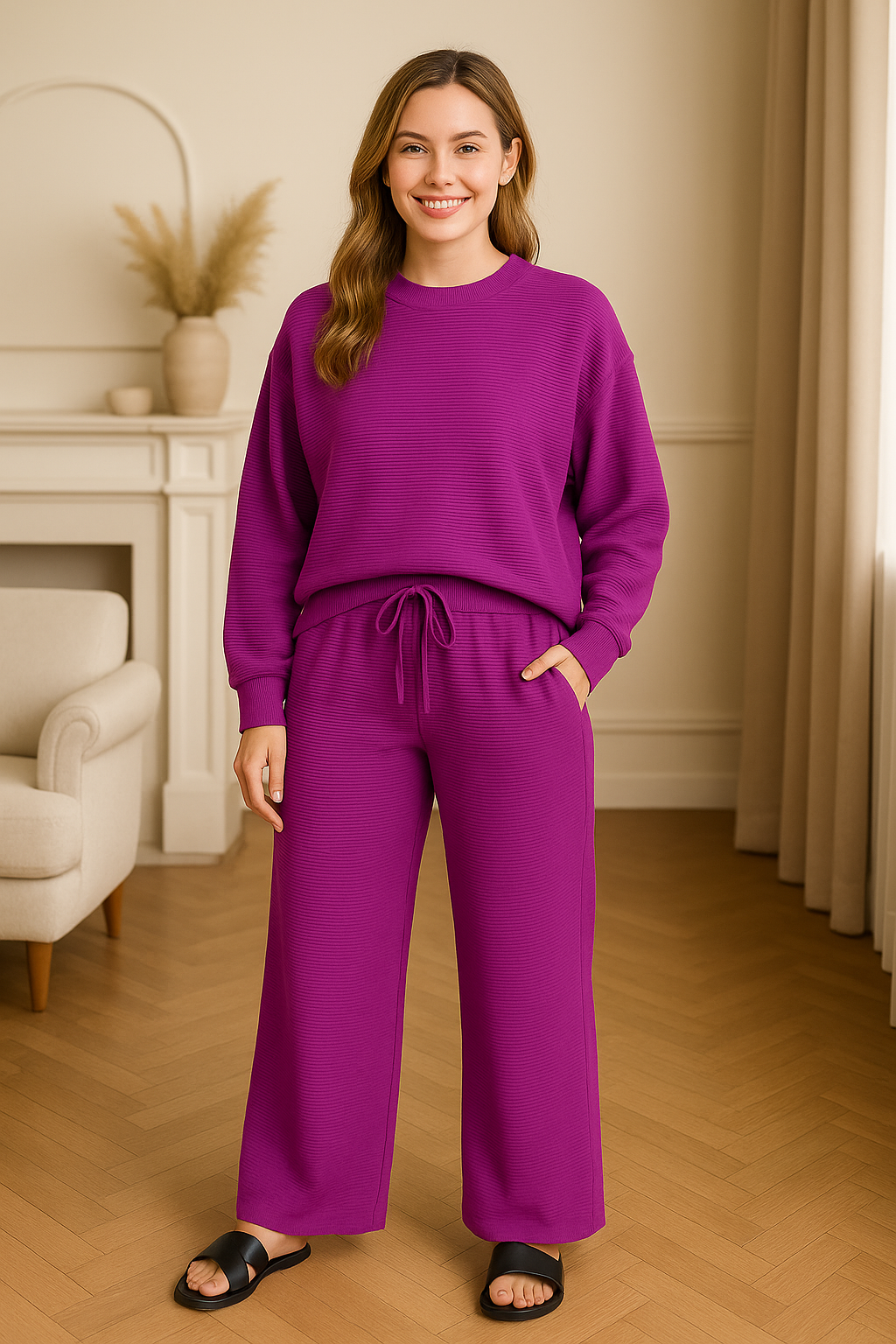Zenana Light Plum Ribbed Round Neck Pullover and Drawstring Pants Set LT PLUM