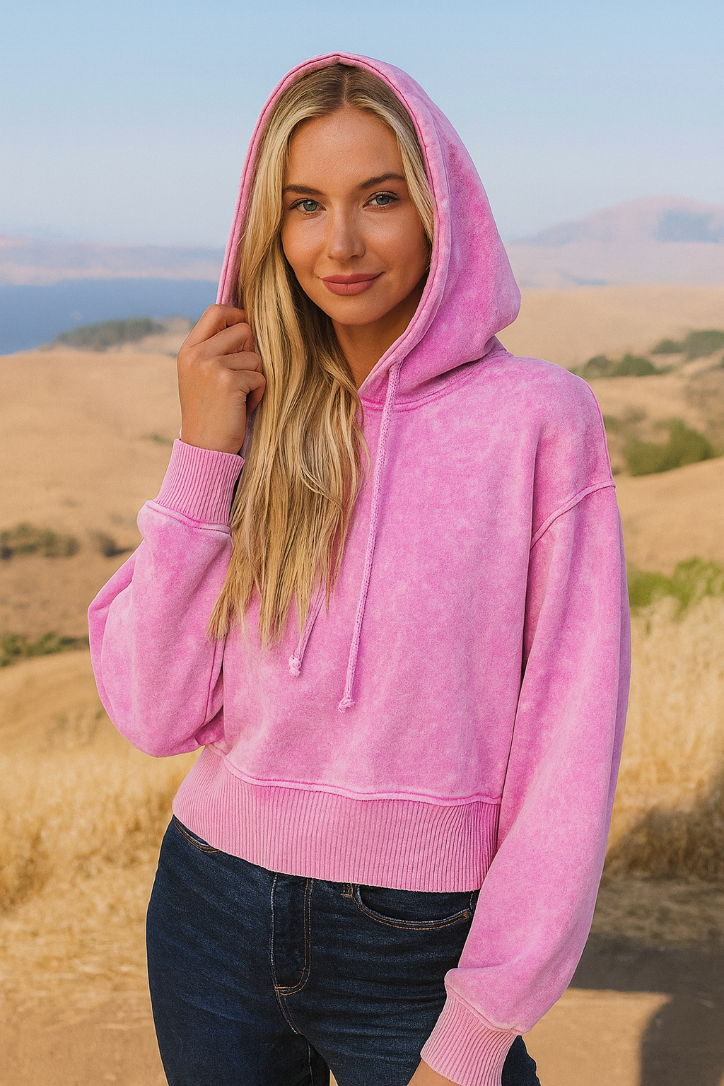 Zenana Mauve Acid Wash Fleece Drawstring Cropped Hoodie MAUVE