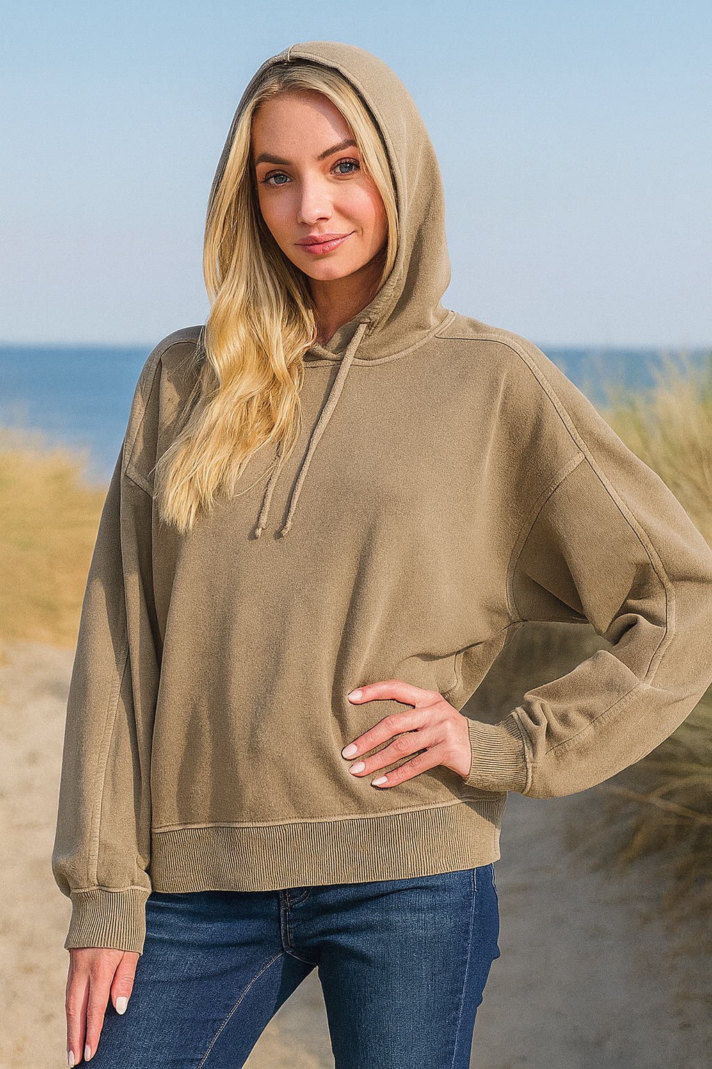 Zenana Mocha French Terry Pigment Dye & Enzyme Washed Hoodie MOCHA