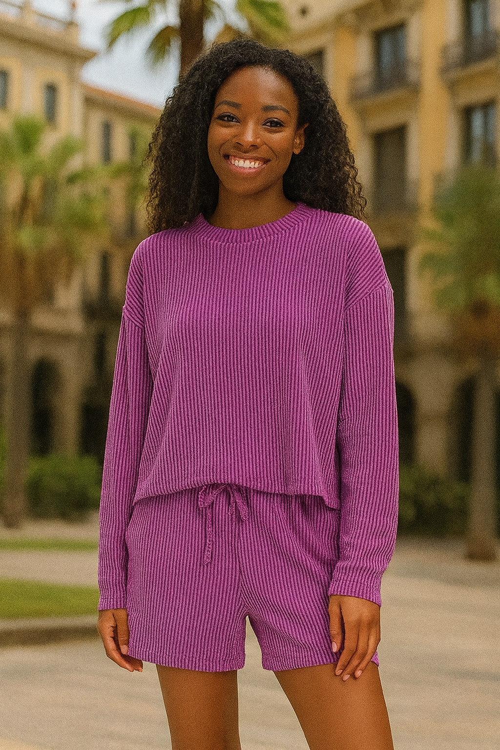 Zenana Plum Corded Rib Long Sleeve Tee and Shorts Set PLUM