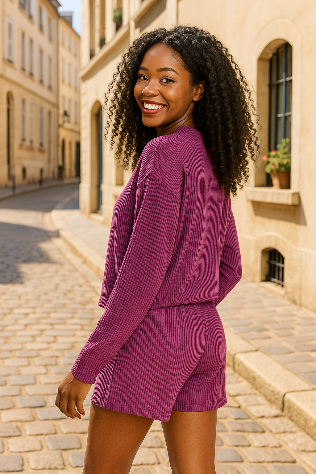 Zenana Plum Corded Rib Long Sleeve Tee and Shorts Set