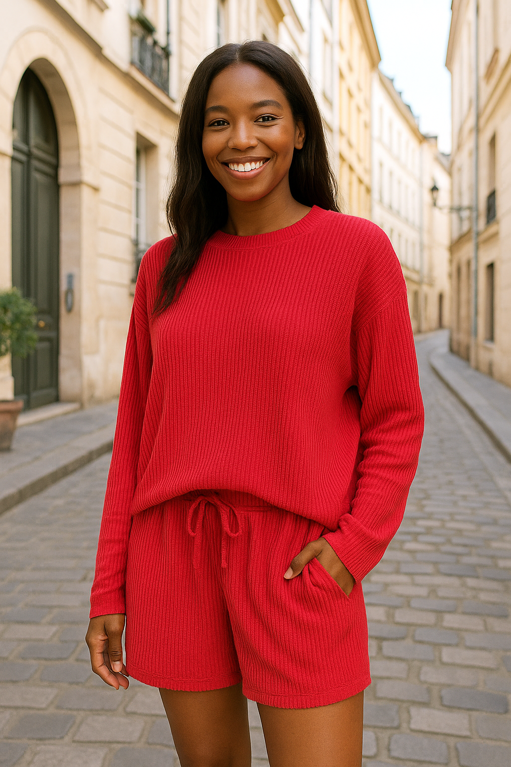 Zenana Ruby Corded Rib Long Sleeve Tee and Shorts Set RUBY