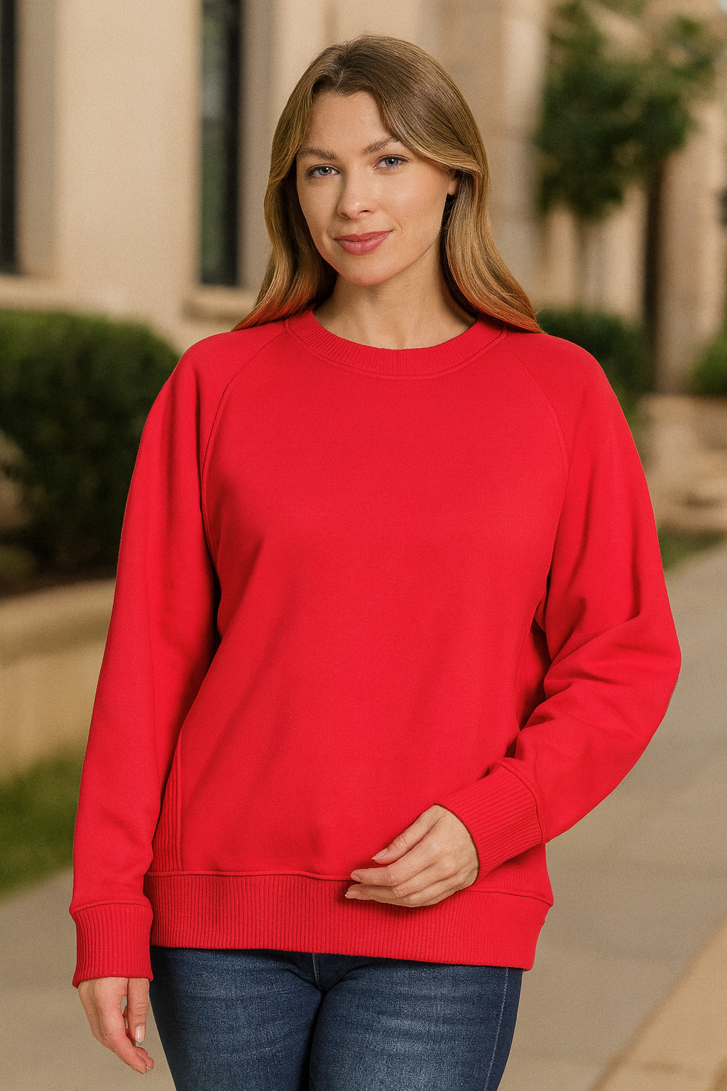 Zenana Ruby Fleece Round Neck Ribbed Side Raglan Sweatshirt RUBY