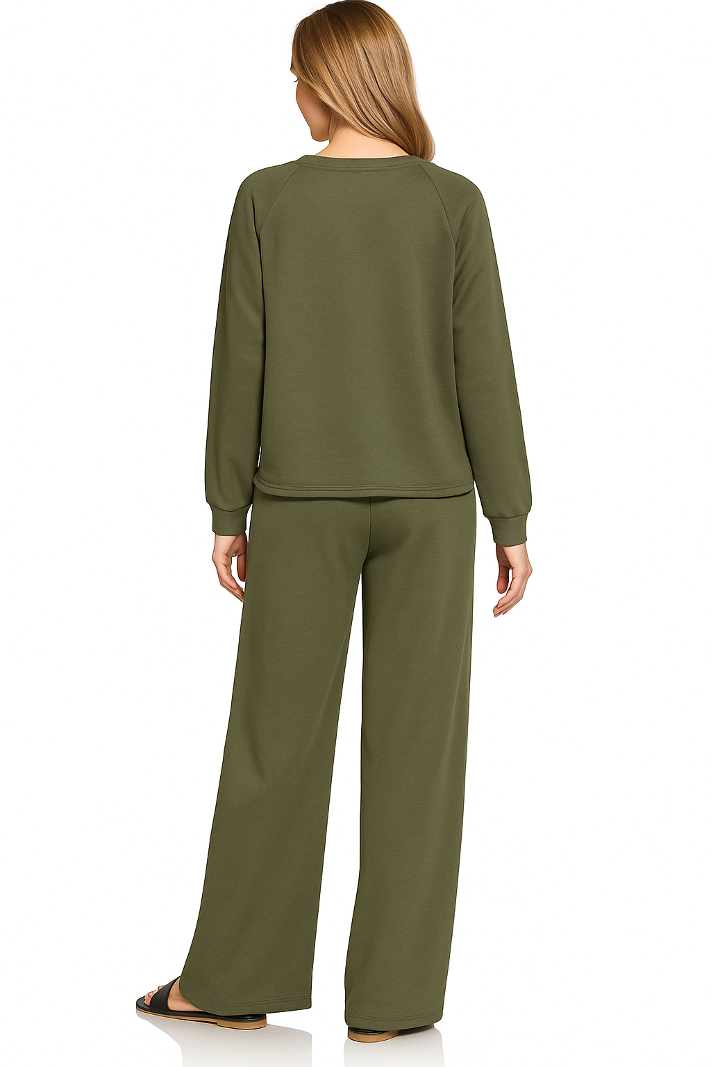 Zenana Dark Olive Scuba Crewneck Pullover and Pants Set