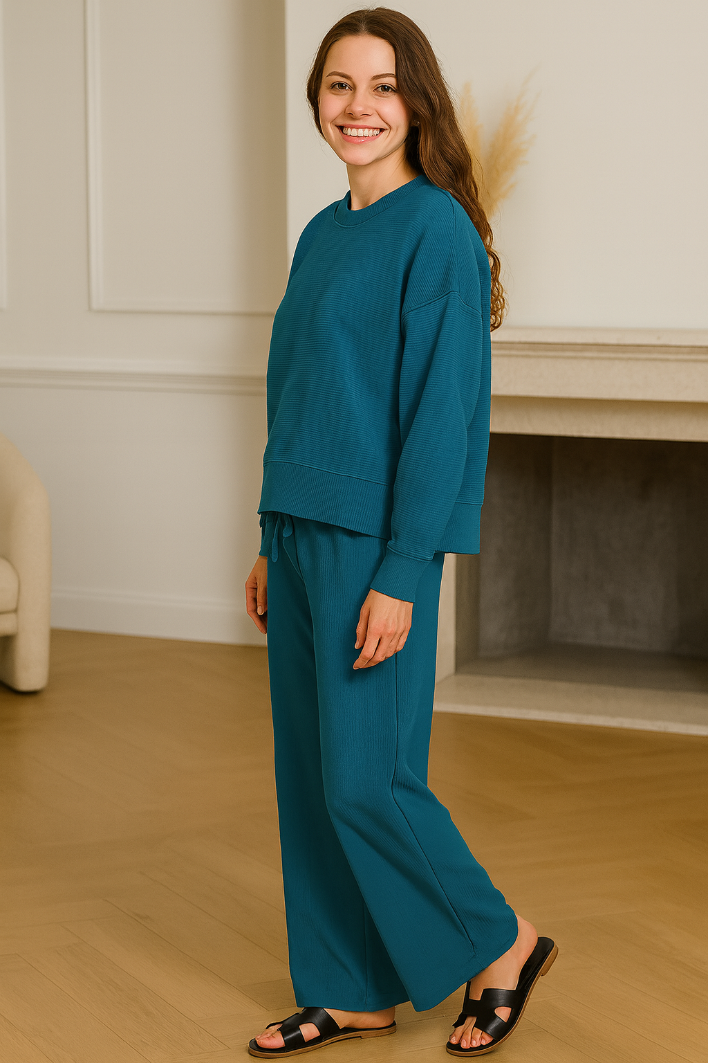 Zenana Teal Ribbed Round Neck Pullover and Drawstring Pants Set TEAL