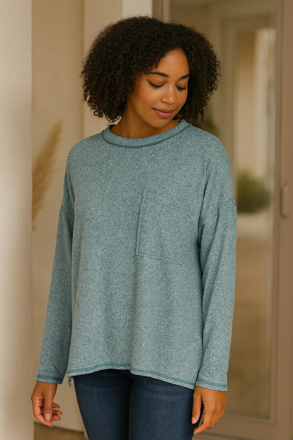 Zenana Teal Soft Melange Hacci Round-Neck Long Sleeve T-Shirt TEAL