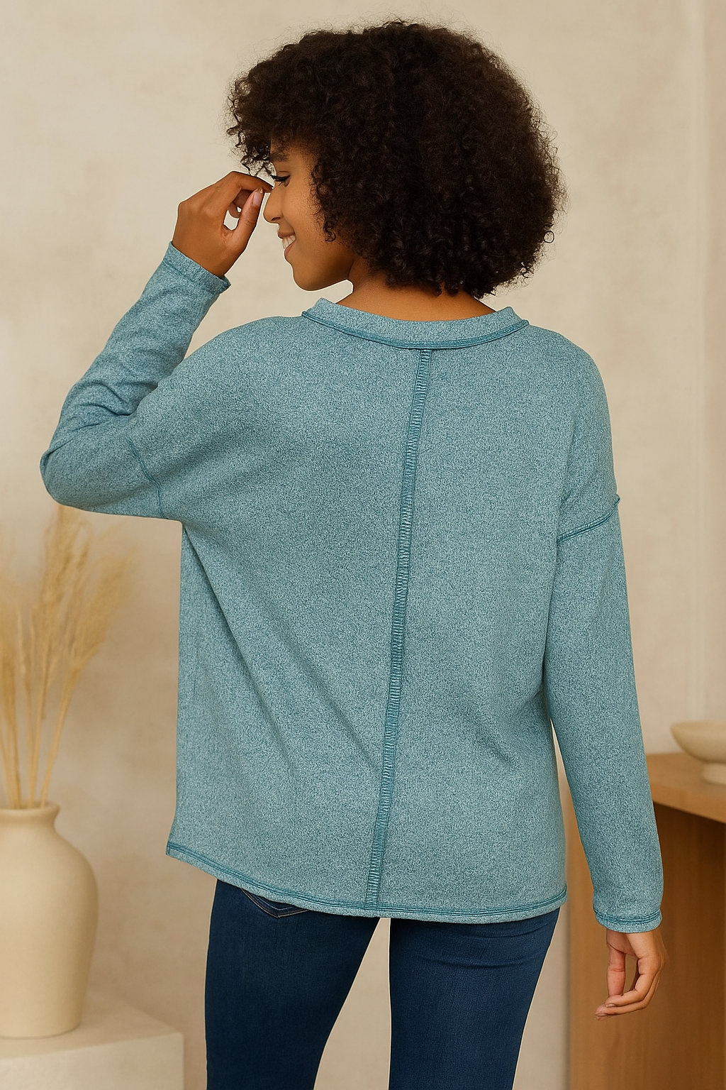 Zenana Teal Soft Melange Hacci Round-Neck Long Sleeve T-Shirt