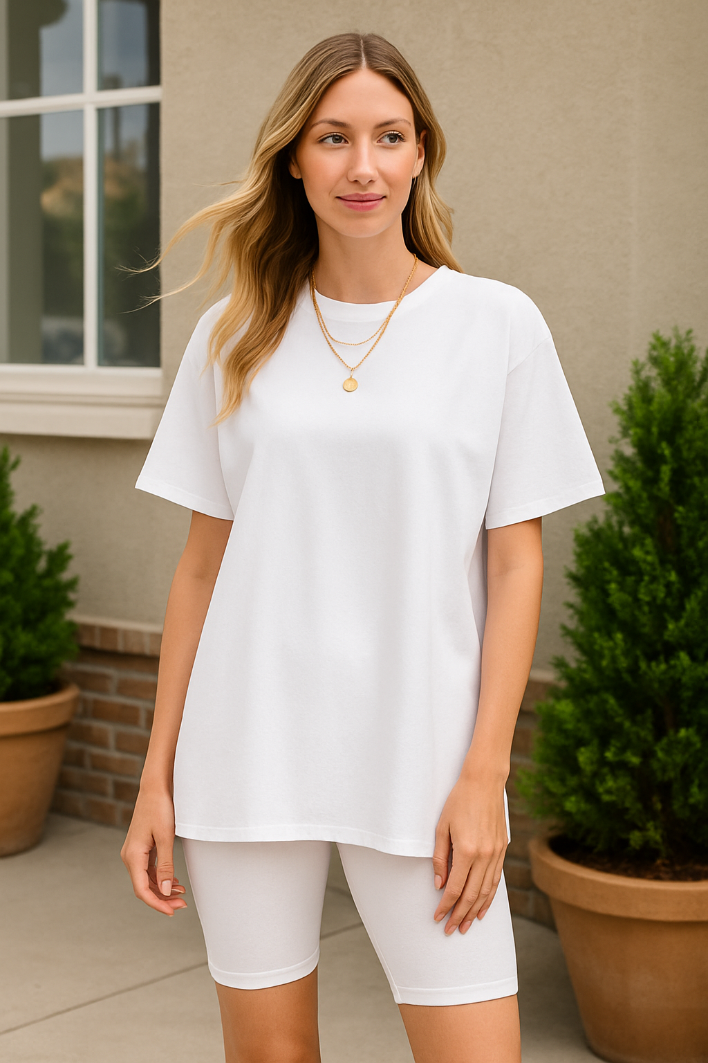 Zenana White Cotton Round Neck Top & Biker Shorts WHITE