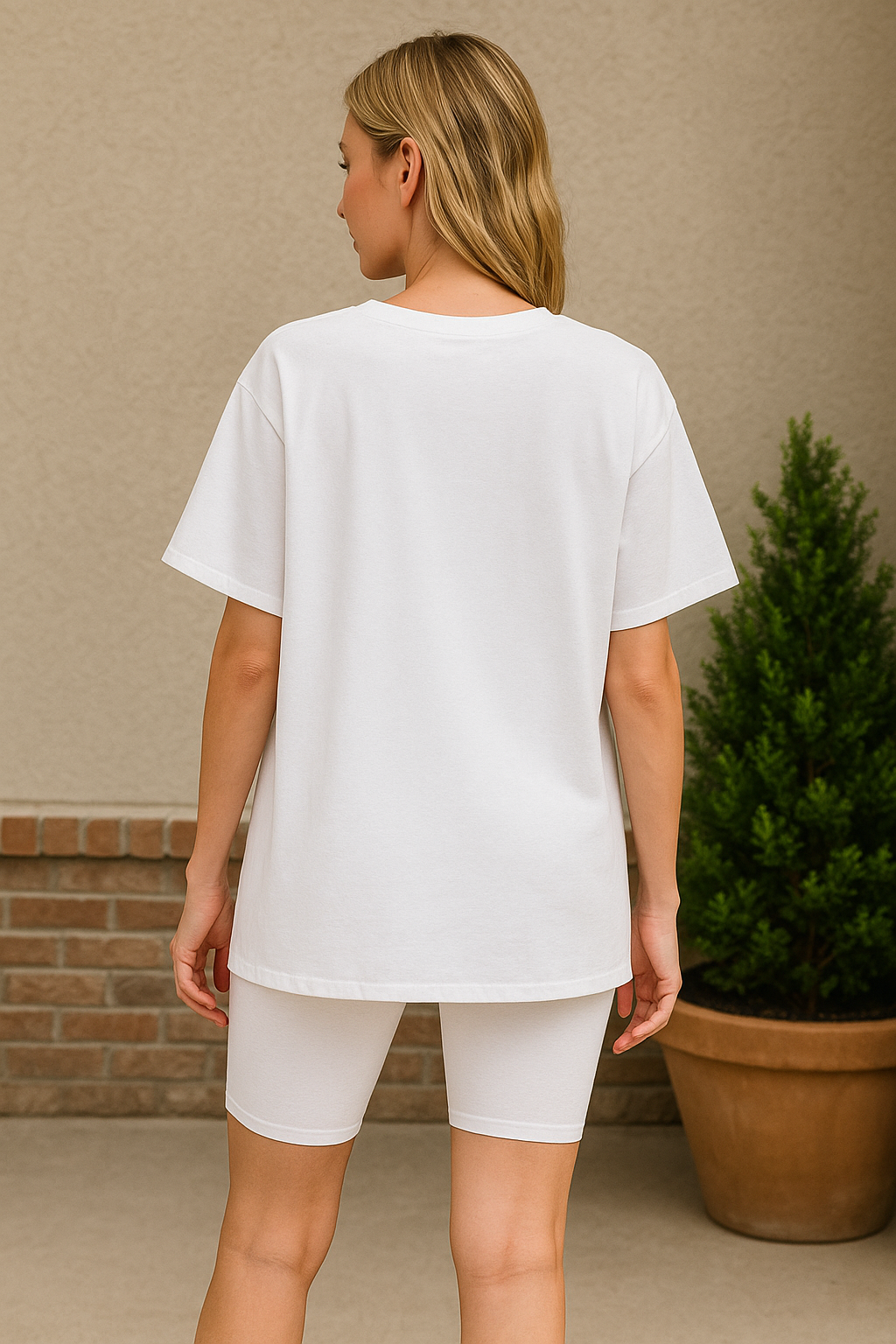 Zenana White Cotton Round Neck Top & Biker Shorts