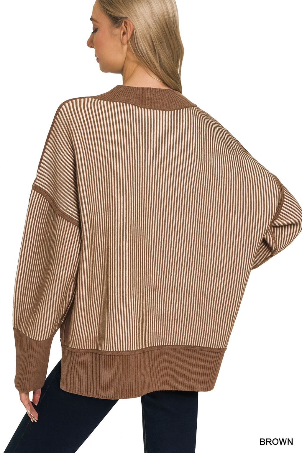 Zenana Brown Exposed Seam Two Tone Ribbed Sweater