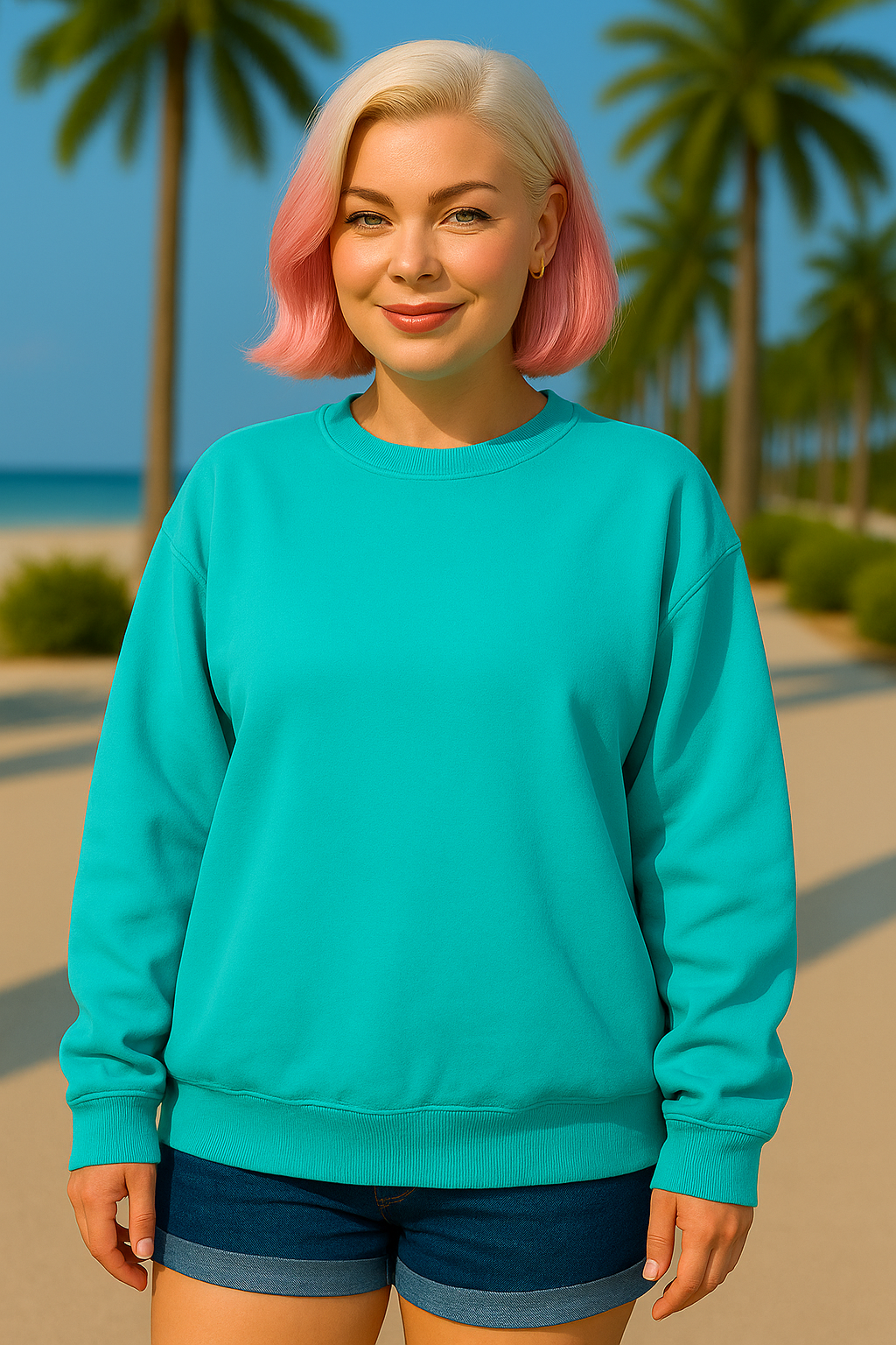 Zenana Turquoise Soft Fleece Pigment Dye Round-neck Sweatshirt