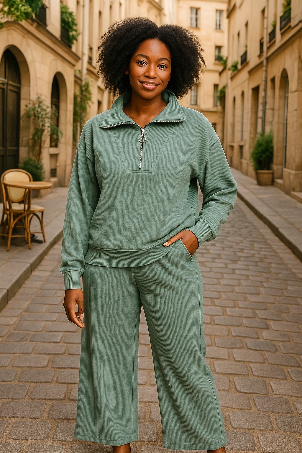 Zenana Ash Jade Ribbed High Neck Half Zip Pullover & Pants Set ASH JADE