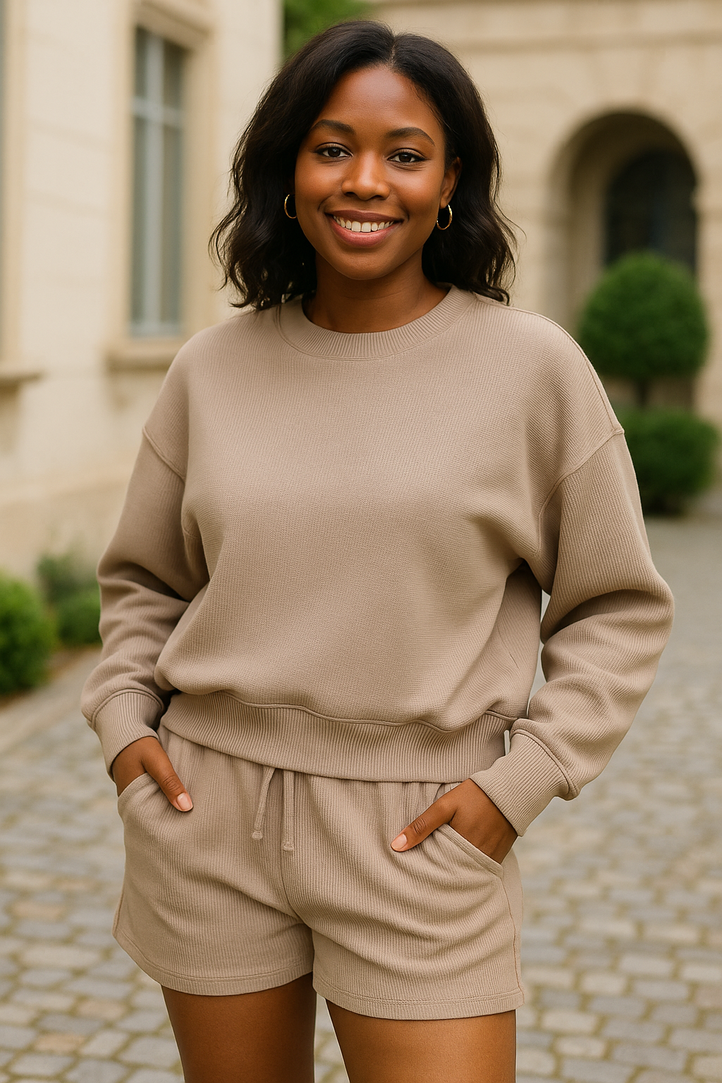 Zenana Ash Mocha Ribbed Round Neck Pullover and Shorts Set ASH MOCHA