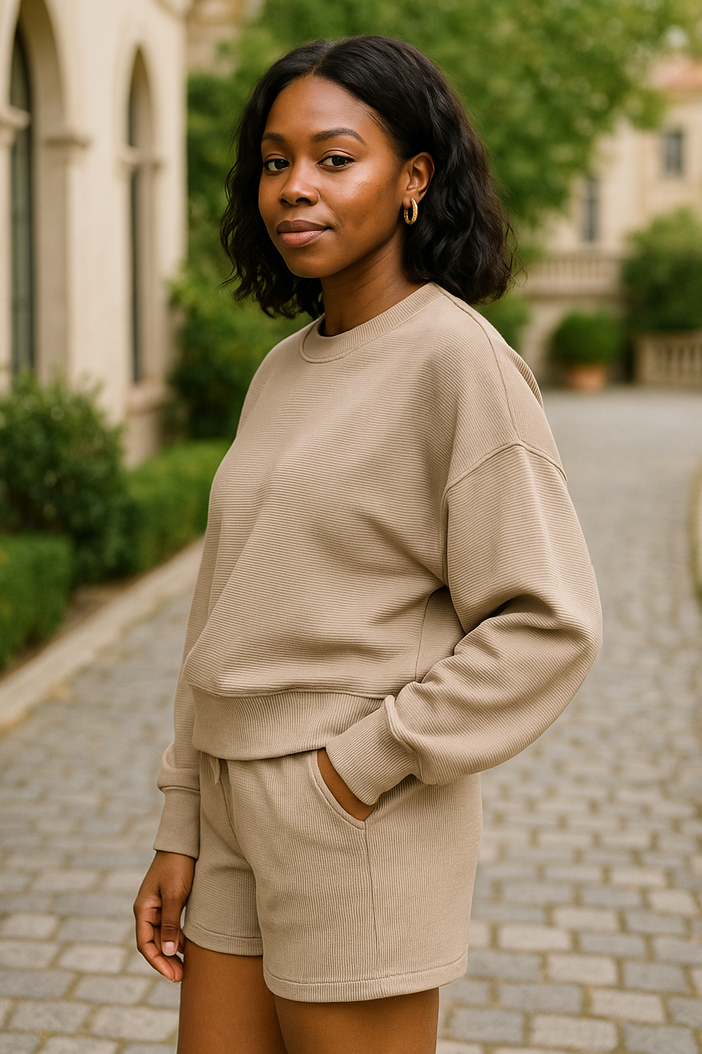 Zenana Ash Mocha Ribbed Round Neck Pullover and Shorts Set