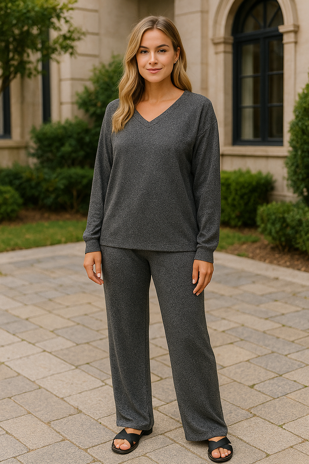 Zenana Black Soft Melange Long Sleeve Tee & Pants Set BLACK