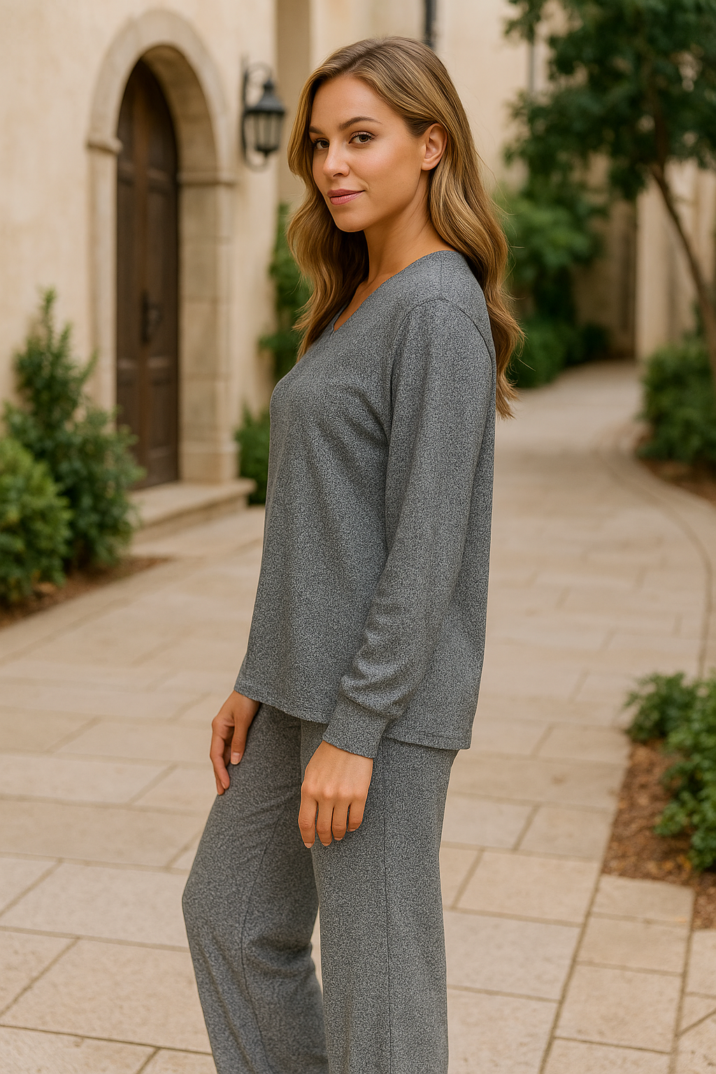 Zenana Black Soft Melange Long Sleeve Tee & Pants Set