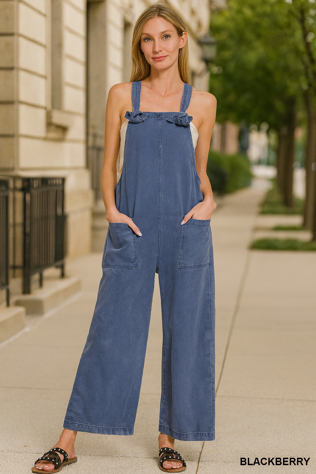 Zenana Light Camel Washed Knot Strap Pockets Jumpsuit