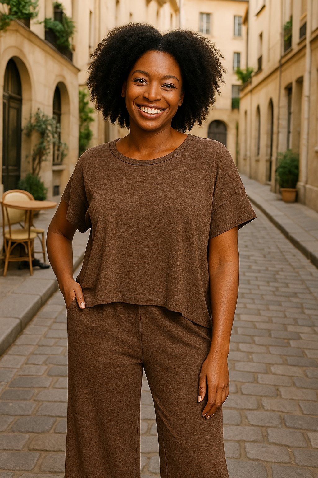 Zenana Brown Cotton Slub Top & Pants Set BROWN