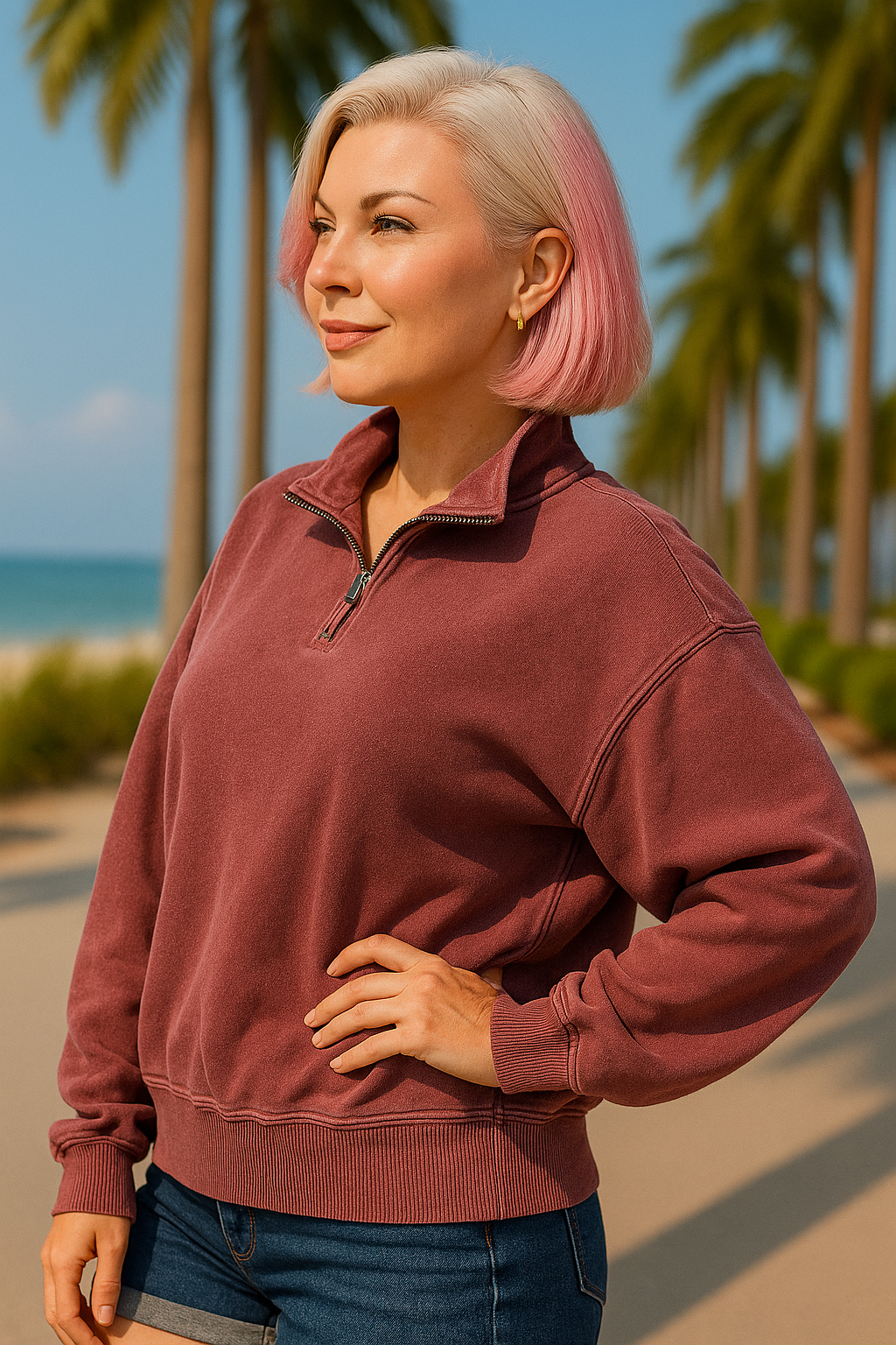 Zenana Cabernet French Terry Pigment & Enzyme Washing Half Zip Top CABERNET