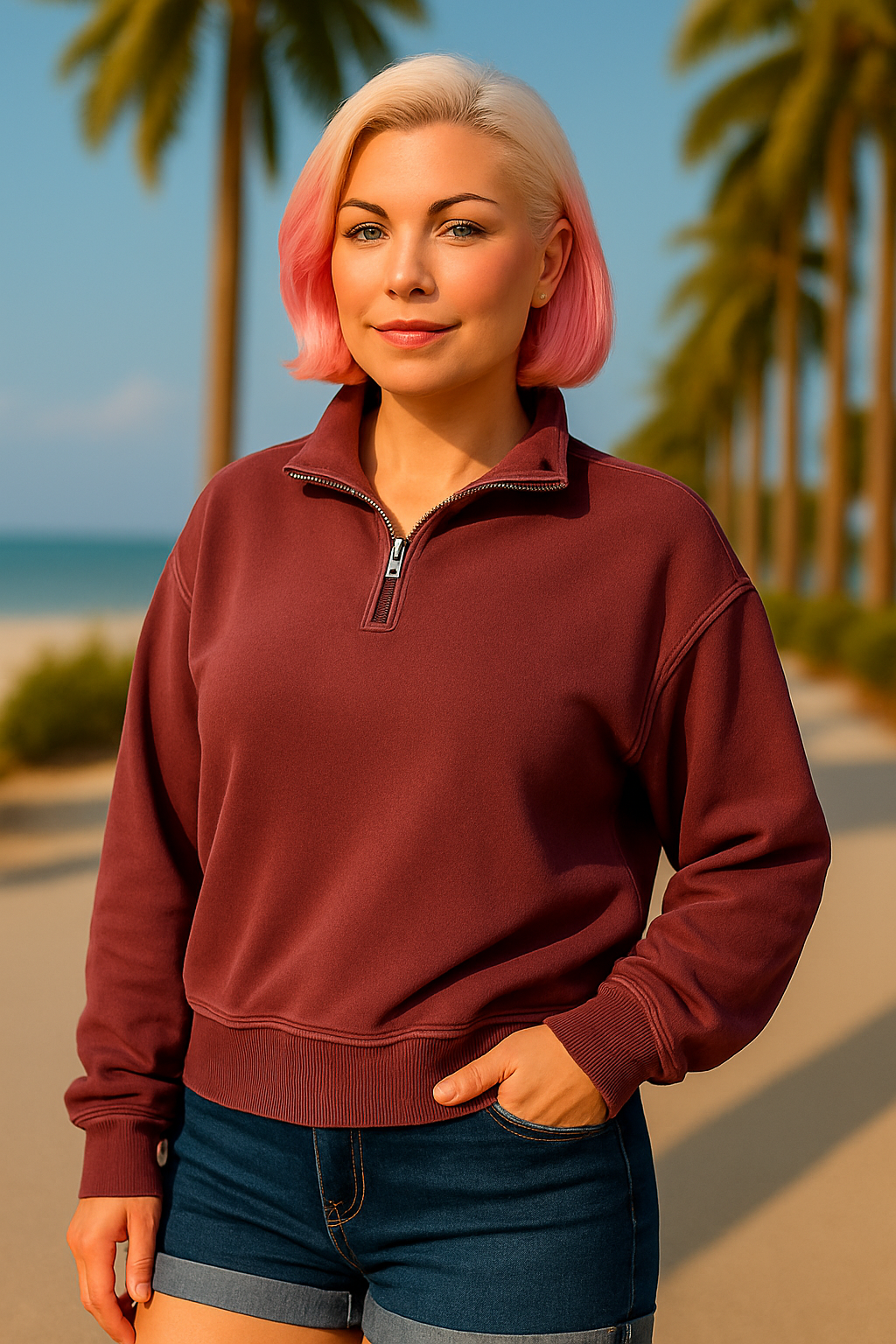 Zenana Cabernet French Terry Pigment & Enzyme Washing Half Zip Top