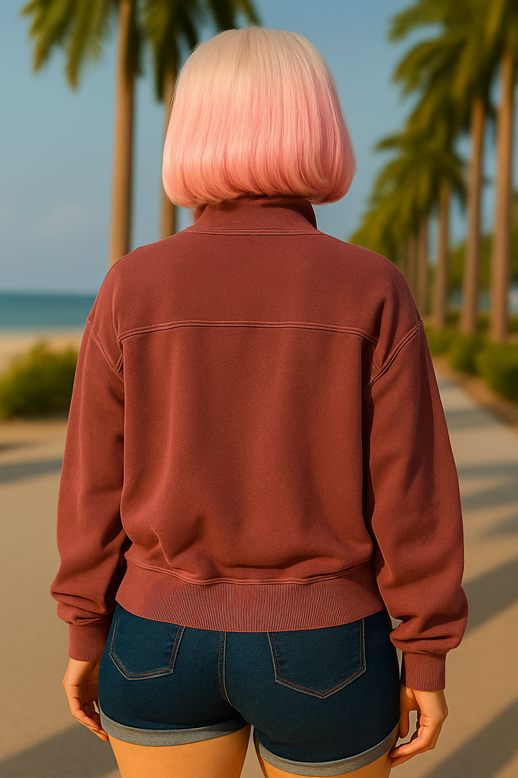 Zenana Cabernet French Terry Pigment & Enzyme Washing Half Zip Top