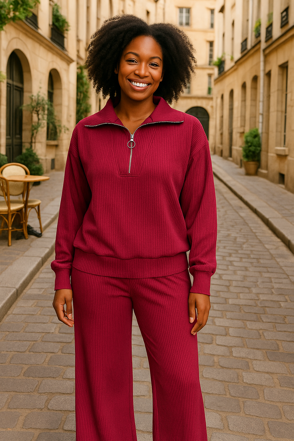 Zenana Carbernet Ribbed High Neck Half Zip Pullover & Pants Set CABERNET