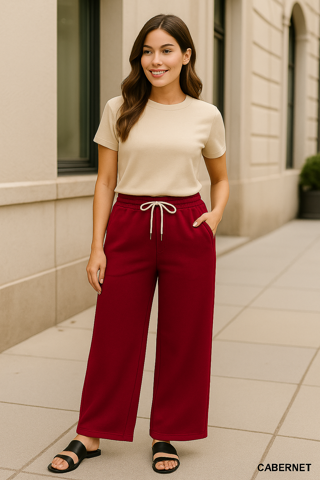 Zenana Cabernet Scuba Drawstring Wide Leg Pants CABERNET