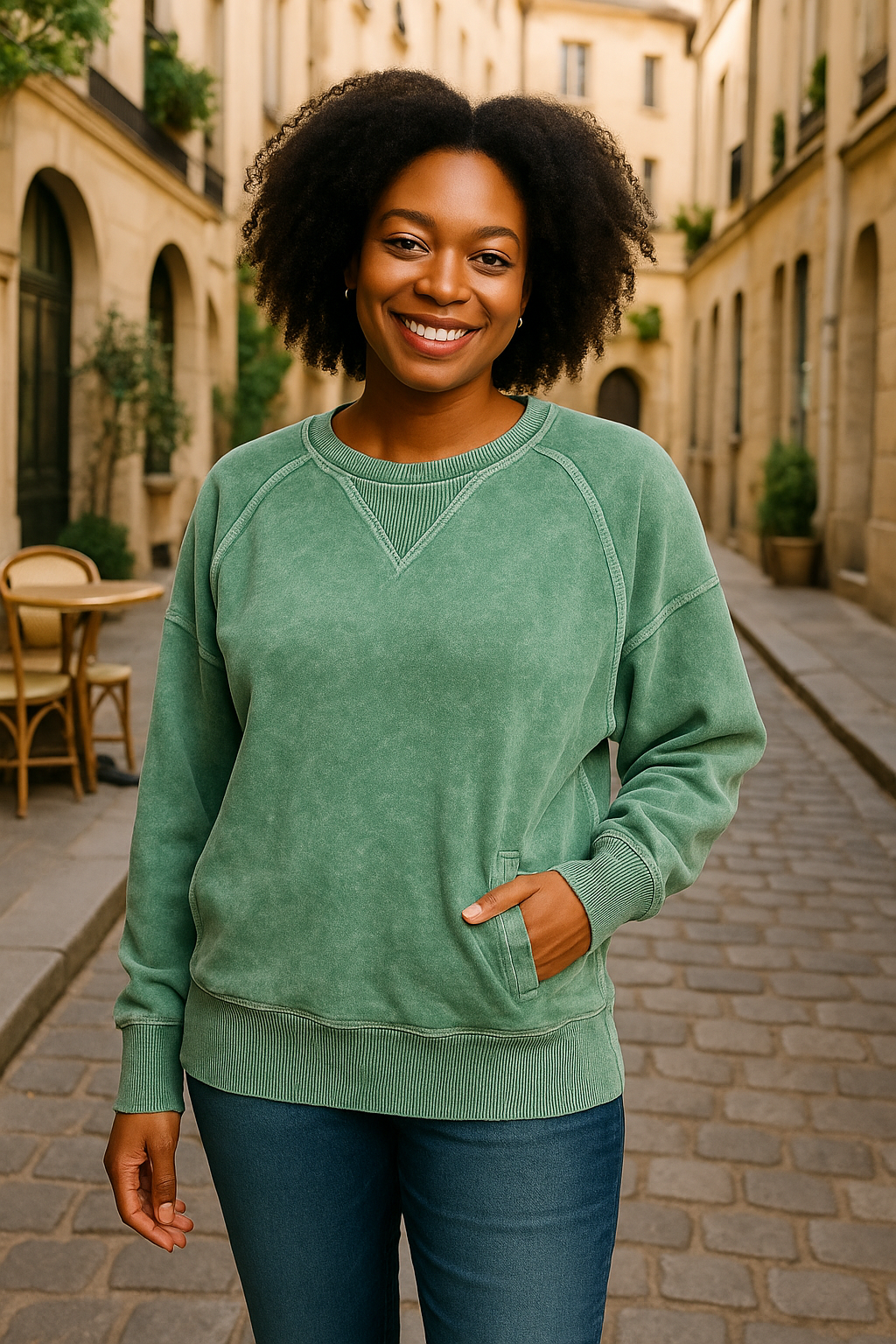 Zenana Dark Green Halo Snow Washed French Terry Round Neck Sweatshirt DK GREEN