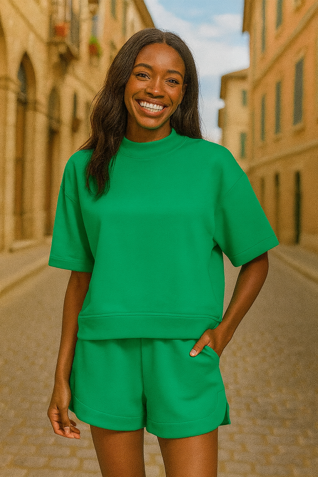 Zenana Dark Green Scuba Short Sleeve Top & Shorts Set DK GREEN