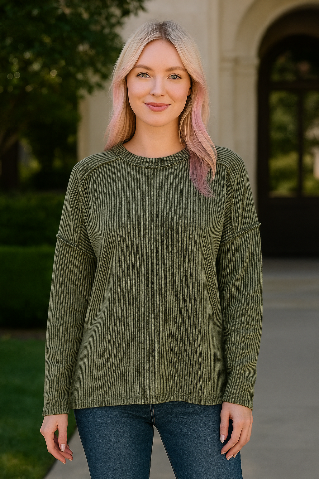 Zenana Dark Olive Exposed Seam Long Sleeve Corded Rib Knit Top DK OLIVE