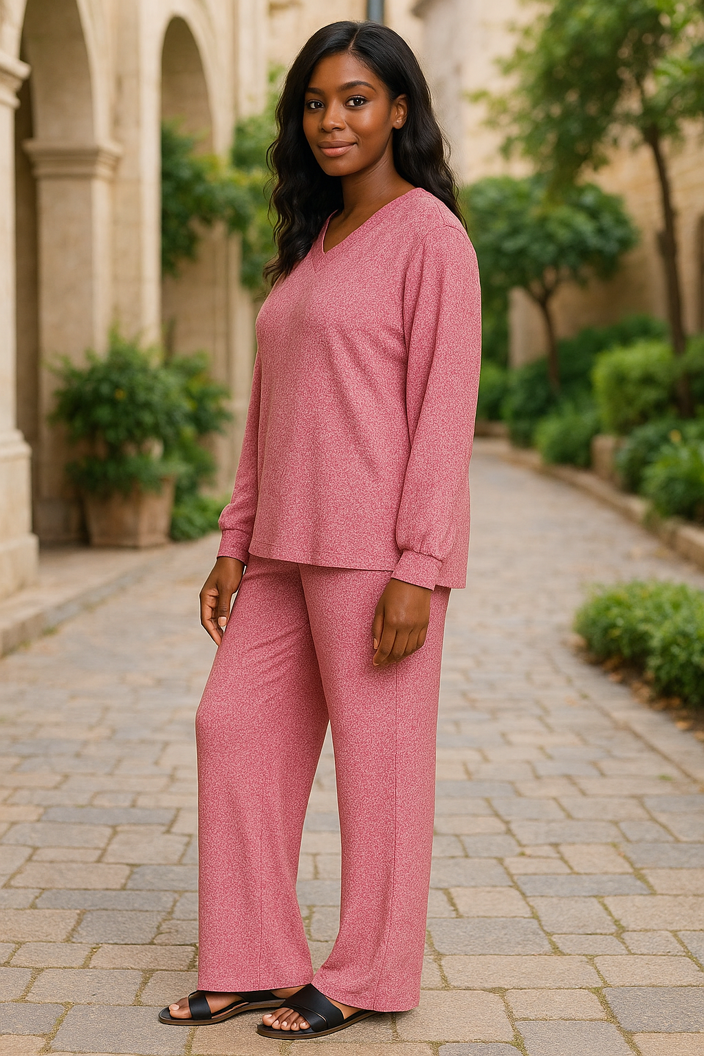 Zenana Dark Red Soft Melange Long Sleeve Tee & Pants Set DK RED