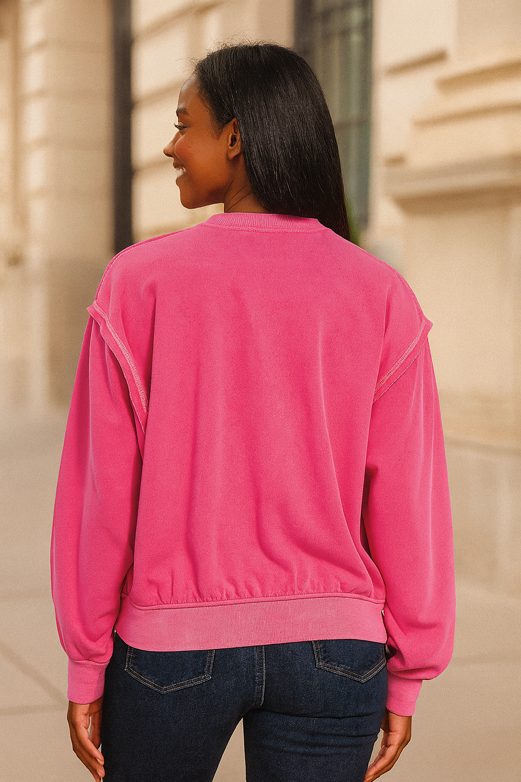 Zenana Hot Pink Soft Fleece Pigment Dye Round Neck Pullover