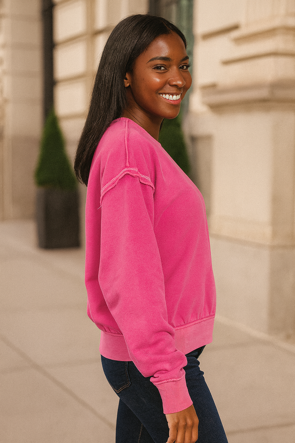 Zenana Hot Pink Soft Fleece Pigment Dye Round Neck Pullover