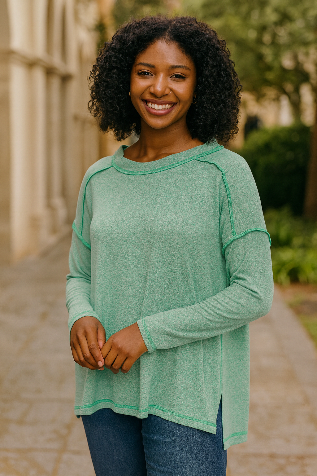 Zenana Kelly Green Melange Hacci Exposed Seam Hi-low Top K GREEN